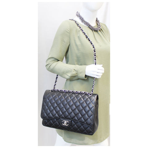 CHANEL Maxi Caviar Leather Jumbo Double Flap Shoulder Bag Black-US