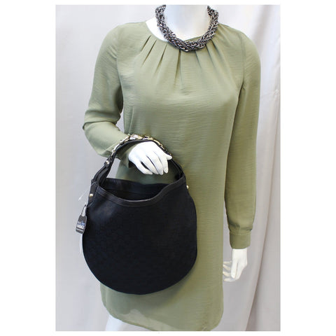 GUCCI GG Canvas Horsebit Medium Wave Hobo Bag Black-US