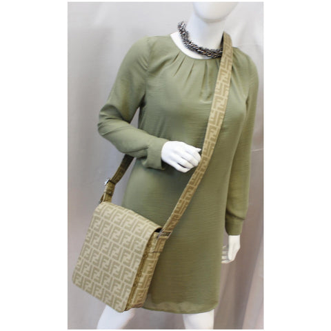 FENDI Zucca Flap Messenger Crossbody Bag Taupe