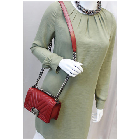 CHANEL Small Chevron Boy Calfskin Leather Flap Bag Burgundy