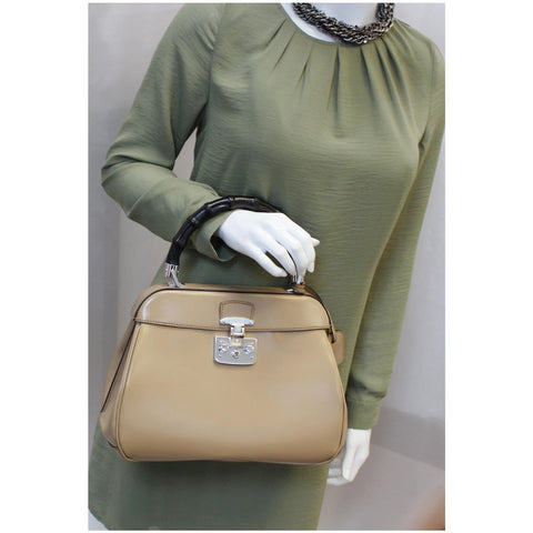 GUCCI Lady Lock Calfskin Bamboo Top Handle Bag Beige 331830