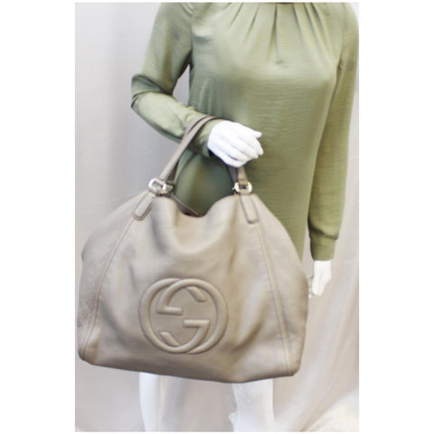 GUCCI Soho Pebbled Leather Large Tote Shoulder Bag Taupe-US