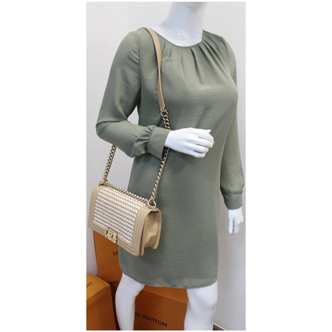 CHANEL BOY Braided Lambskin Leather Shoulder Bag Beige