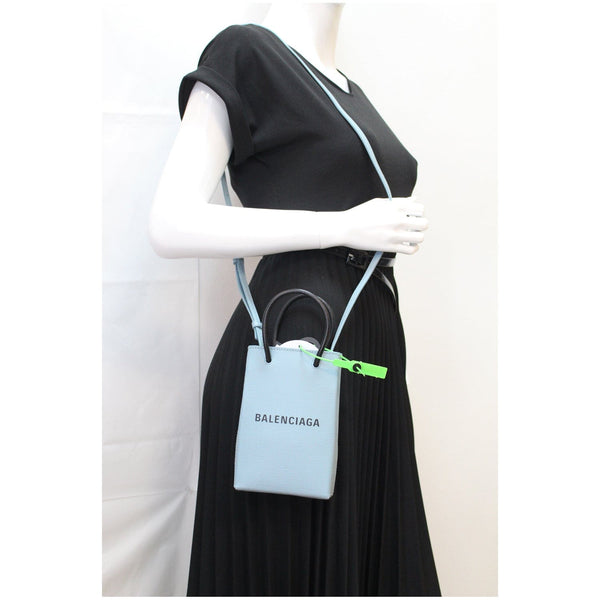 BALENCIAGA Leather Phone Holder Shopping Tote Shoulder Bag Sky Blue