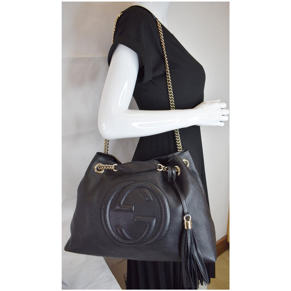 GUCCI Soho Pebbled Leather Chain Shoulder Bag 308982 Black
