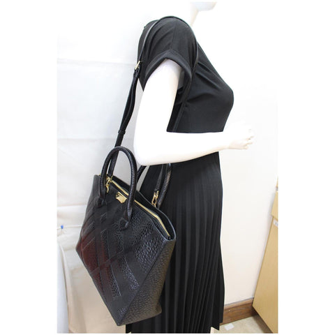 BURBERRY Dewsbury Medium Grain Check Embossed Tote Bag Black