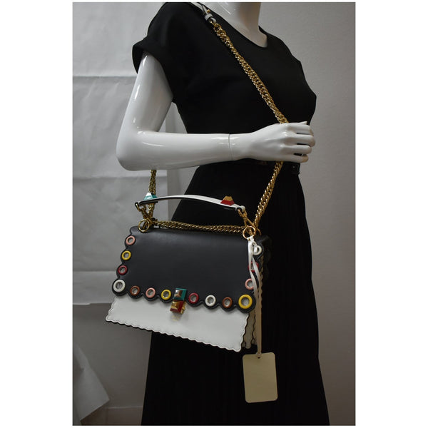 FENDI Vitello Liberty Kan I Bicolor Leather Shoulder Bag Black