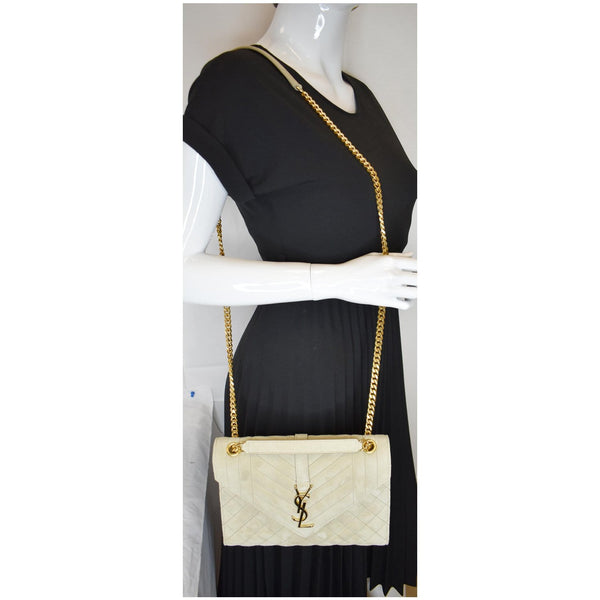 YVES SAINT LAURENT Medium Envelope Matelasse Suede Crossbody Bag Beige