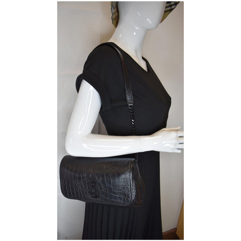 YVES SAINT LAURENT Niki Croc Embossed Leather Shoulder Bag Black
