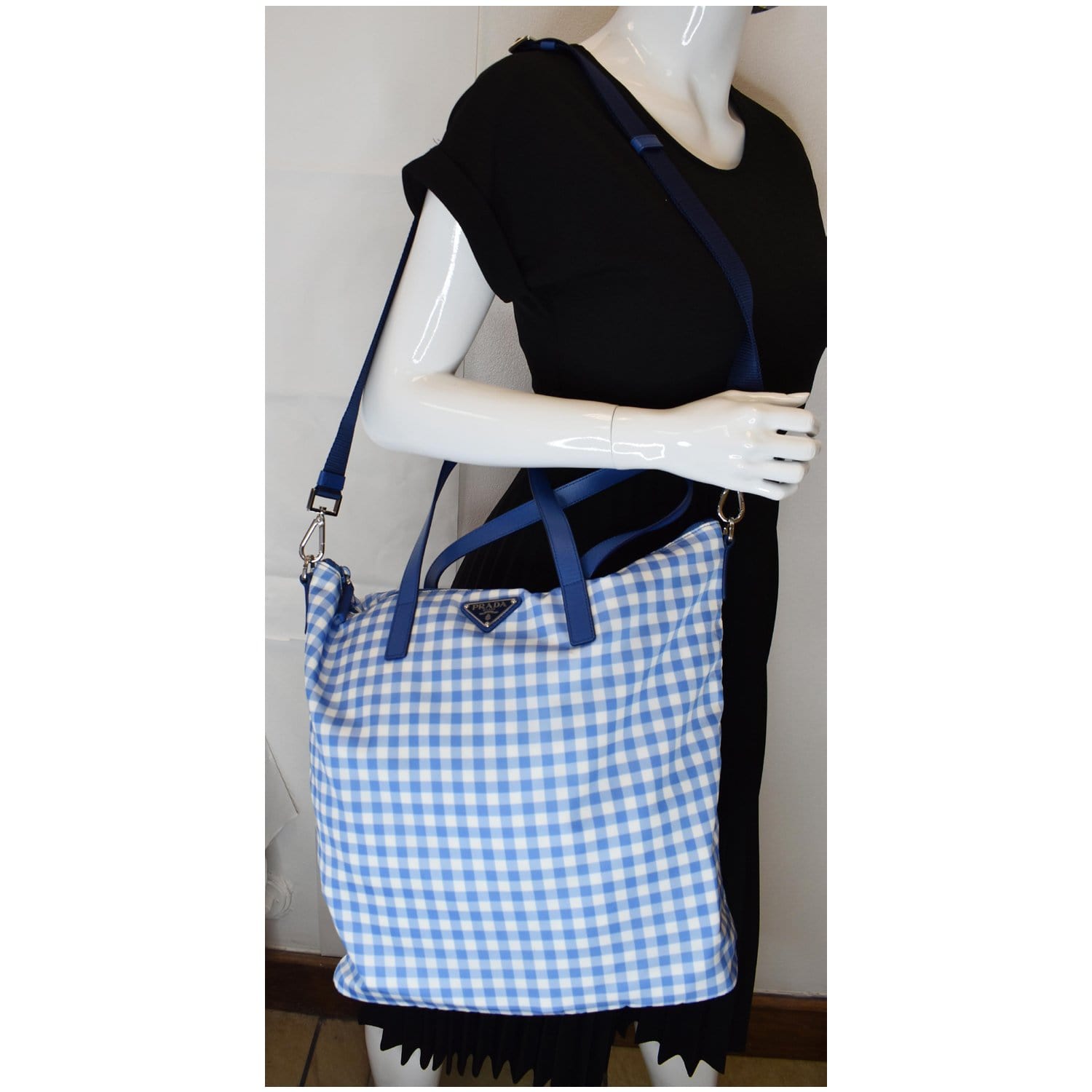 PRADA Textured Nylon Check Tote Shoulder Bag Blue - 15% OFF