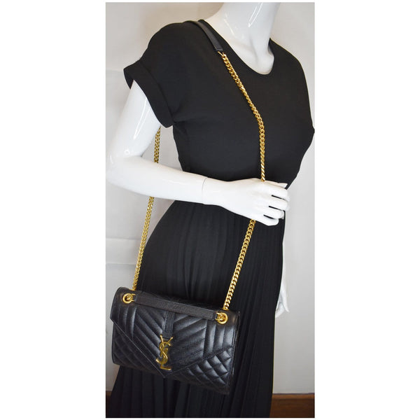 YVES SAINT LAURENT Envelope Medium Chain Leather Shoulder Bag Black