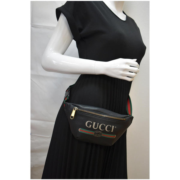 Used Gucci Print Small Leather Belt Waist Bum Bag Black