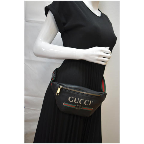 Used Gucci Print Small Leather Belt Waist Bum Bag Black