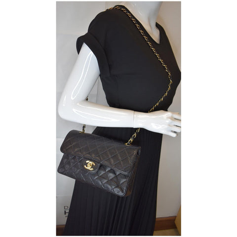 CHANEL Small Double Flap Caviar Quilted Leather Shoulder Bag Black
