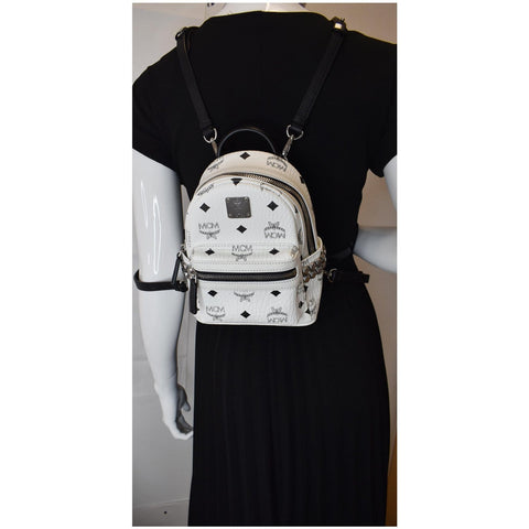 MCM Stark Side Stud Mini Visetos Logo Leather Backpack Bag White