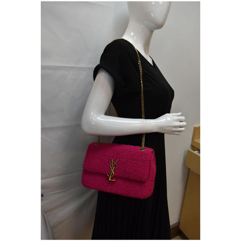 YVES SAINT LAURENT Jamie Medium Carre Rive Gauche Quilted Boucle Shoulder Bag Pink