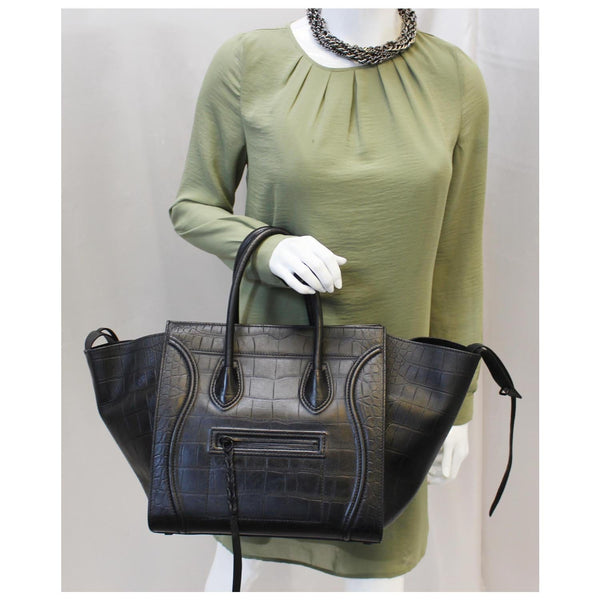 CELINE Croc Stamped Embossed Leather Medium Phantom Luggage Tote Bag-US