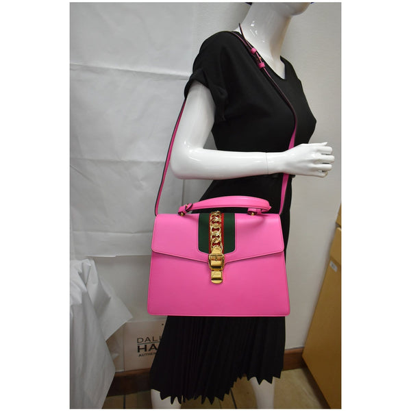 GUCCI Sylvie Medium Web Smooth Leather Top Handle Shoulder Bag Pink 431665