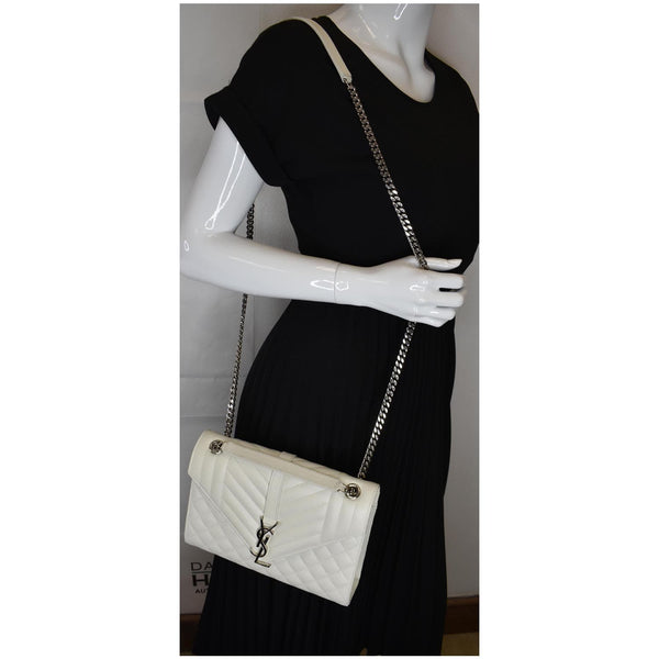 YVES SAINT LAURENT Envelope Medium Chain Leather Shoulder Bag White