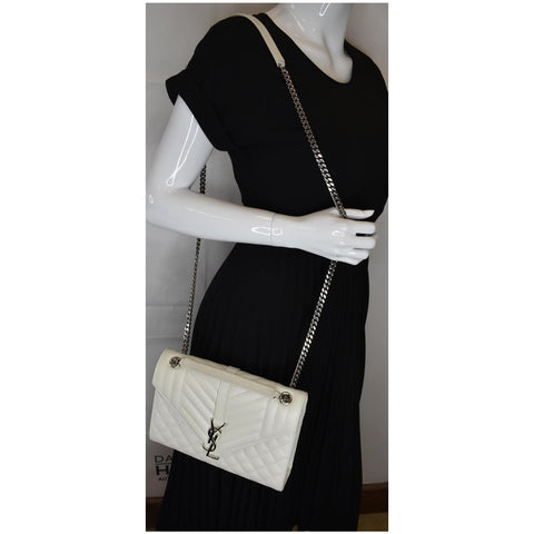 YVES SAINT LAURENT Envelope Medium Chain Leather Shoulder Bag White