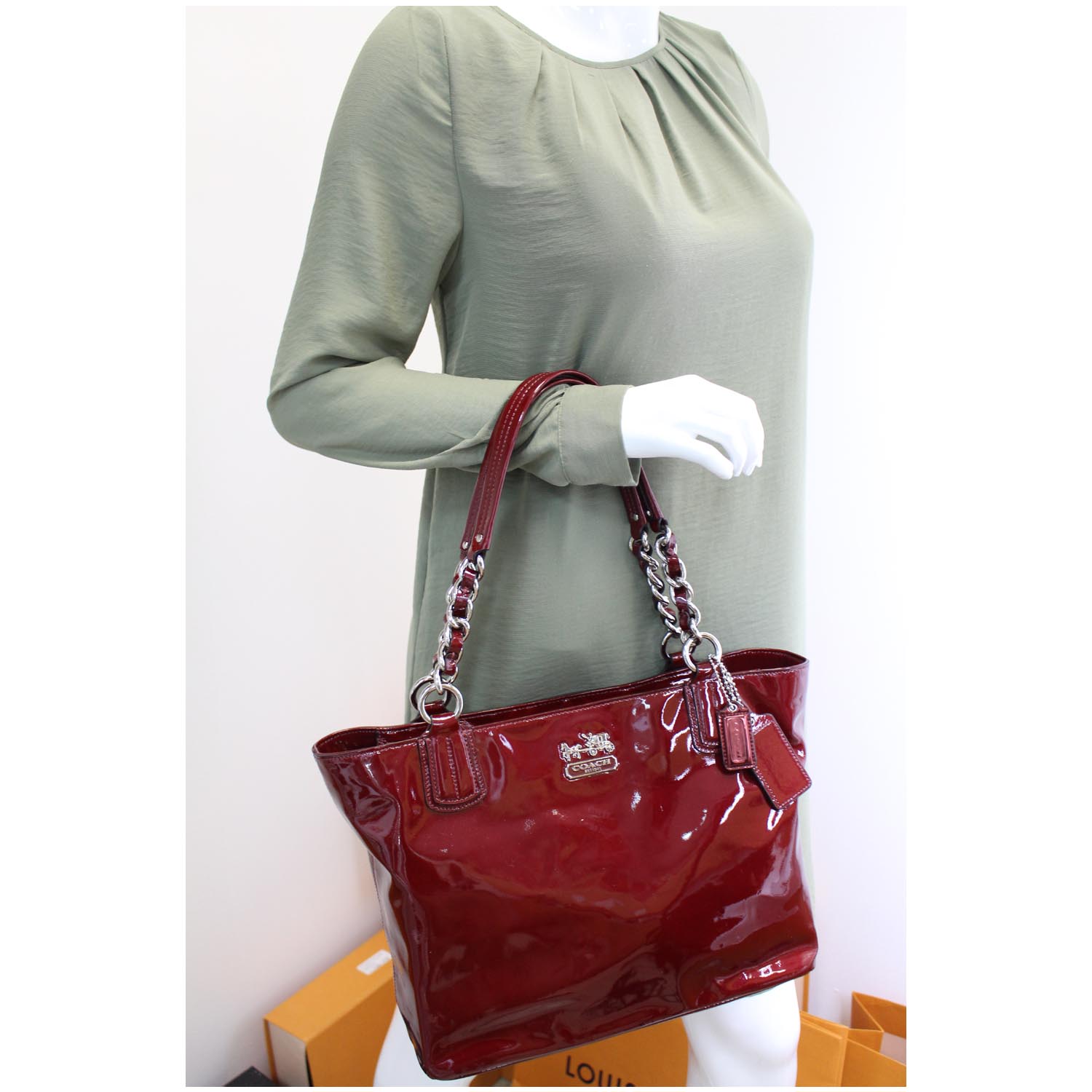 Leather Chain Bag, Red Patent, Shoulder Bags