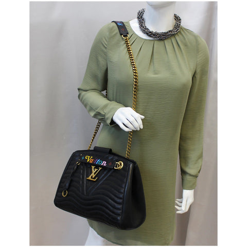 LOUIS VUITTON Wave Chain Leather Tote Shoulder Bag Black