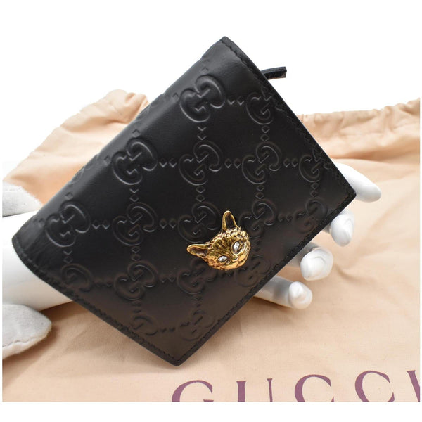 GUCCI Crystal Cat Guccissima Leather Card Case Wallet Black 548057