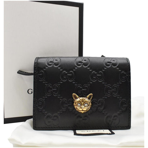 GUCCI Crystal Cat Guccissima Leather Card Case Wallet Black 548057