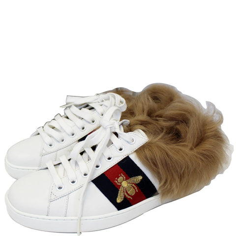 GUCCI New Ace Lamb Fur Lace Up Sneakers White