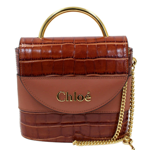 CHLOE Aby Lock Small Embossed/Calfskin Leather Chain Shoulder Bag Brown