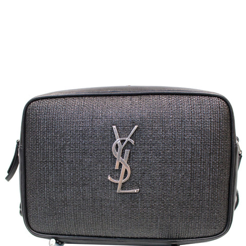 YVES SAINT LAURENT Lou Camera Raffia Canvas Crossbody Bag Black