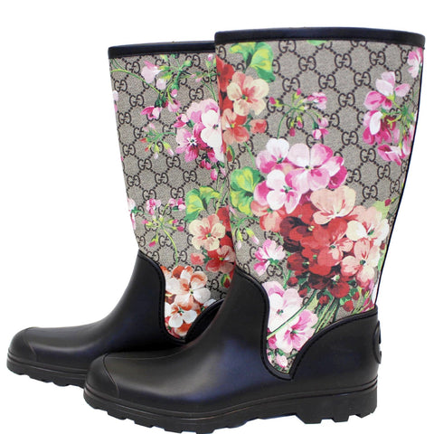 GUCCI GG Supreme Monogram Blooms Flat Rubber Boots Size 41