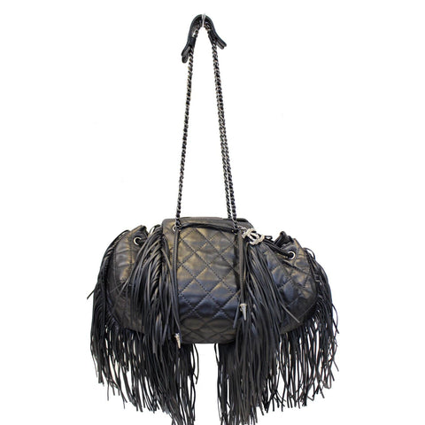 CHANEL Paris Dallas Drawstring Fringe Shoulder Bag Black