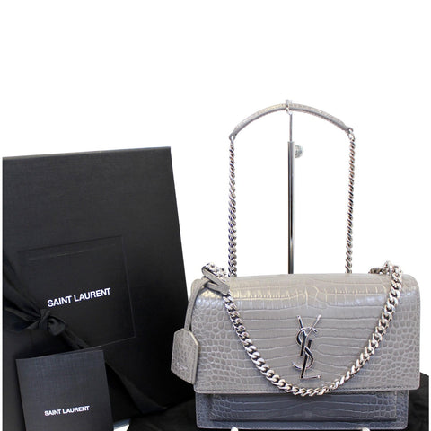 SAINT LAURENT Sunset Medium Crocodile Embossed Leather Crossbody Bag
