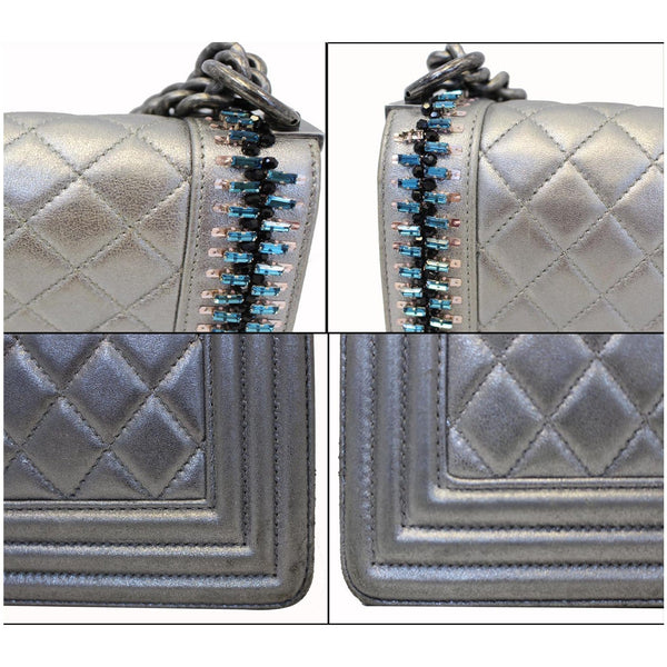 CHANEL Boy Medium Lambskin Leather Embroidered Shoulder Bag Silver-US