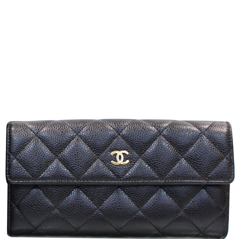 CHANEL Gusset Flap Caviar Leather Wallet Black