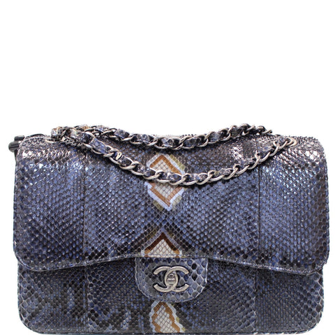CHANEL Timeless Classic Double Flap Python Shoulder Bag Navy Blue