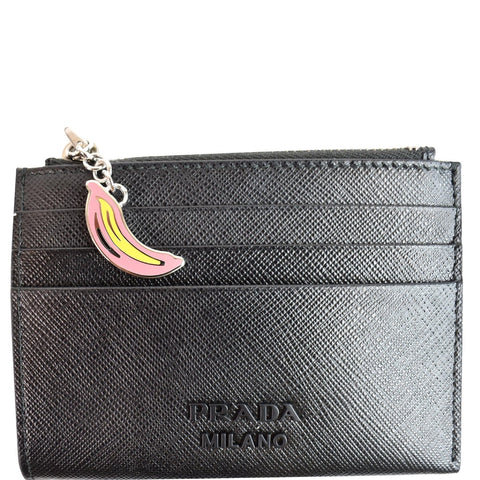 PRADA Smalto Charm Leather Card Case Black