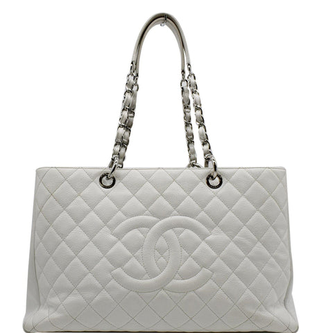 CHANEL XL Grand Quilted Caviar Leather Shopping Tote Bag White
