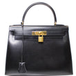 HERMES Kelly Sellier 28 Box Leather Satchel Bag Black