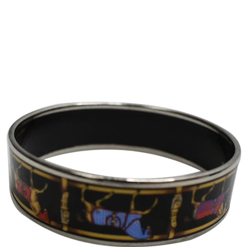 HERMES Enamel Printed Horse Riding Motif Wide Bangle Bracelet Multi