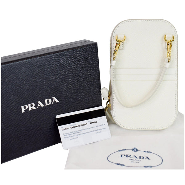 PRADA Saffiano Triangle Leather Crossbody Phone Pouch Bag White