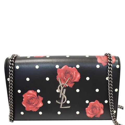 YVES SAINT LAURENT Kate Monogram Polka Rose Print Leather Chain Wallet Black - Final Sale