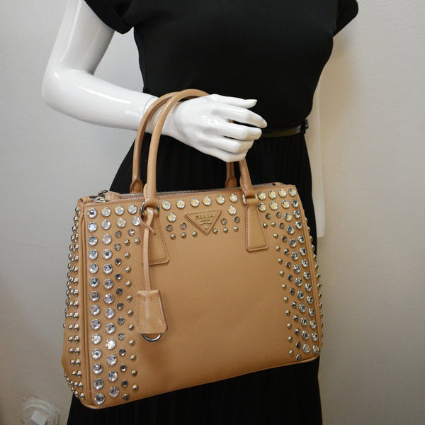 PRADA Vernice Crystal Small Frame Studded Saffiano Leather Top Handle Bag Beige