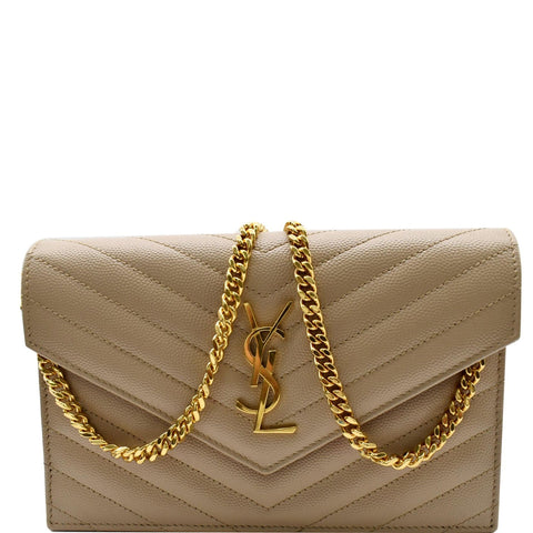 YVES SAINT LAURENT Matelasse Chevron Grain De Poudre Envelope Chain Wallet Beige