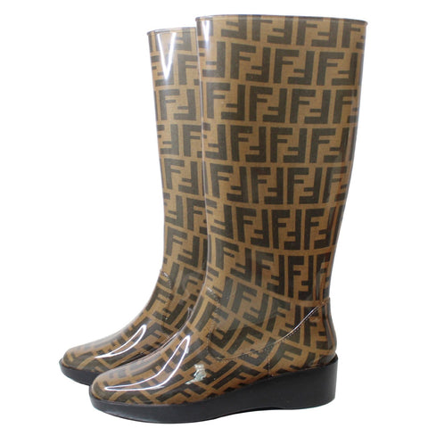FENDI Tobacco Zucca Rubber Wedge Rain Boots Brown US 8