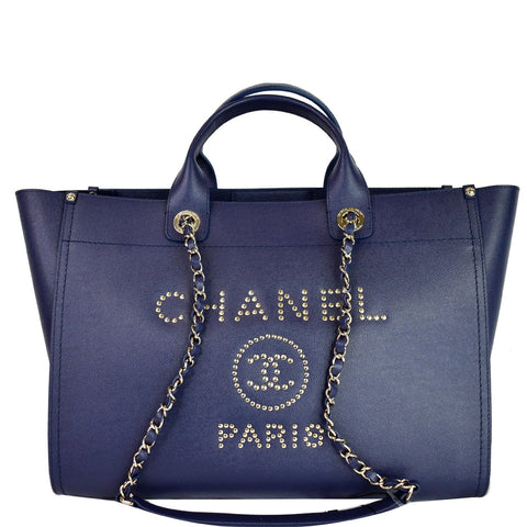 CHANEL Deauville Studded Caviar Tote Shoulder Bag Blue