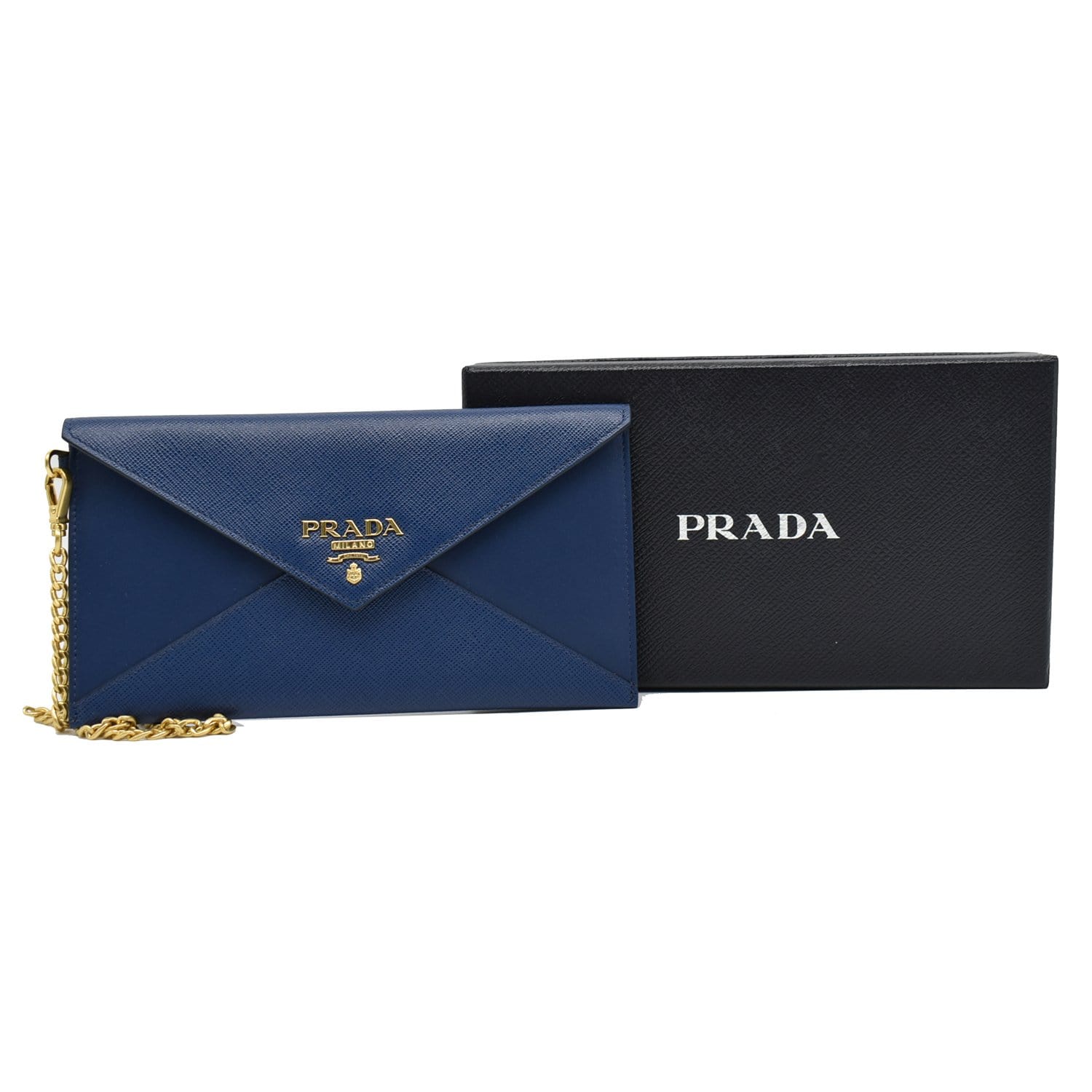 Prada Envelope Leather Chain Clutch Blue - Dallas Designer