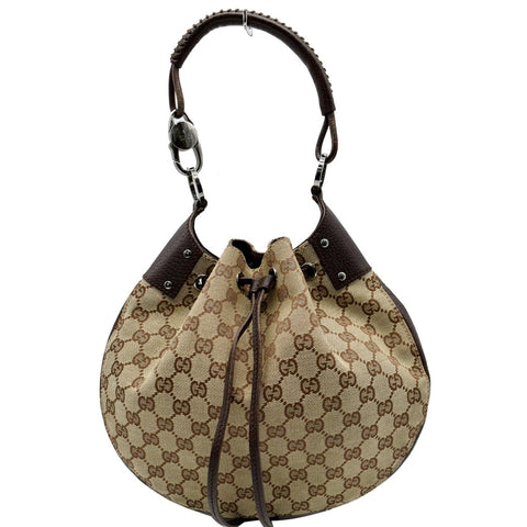 GUCCI Drawstring GG Monogram Canvas Hobo Bag Beige 115006