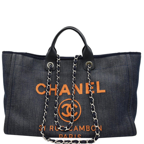 CHANEL Deauville Large Denim Shopping Tote Bag Dark Blue